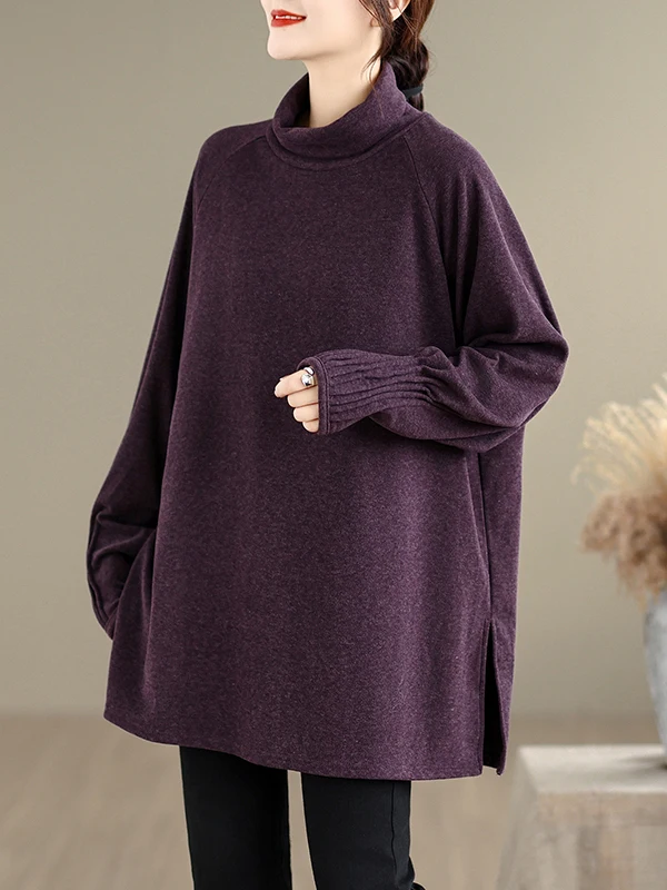 

Loose Long Sve High Collar Side Slit T-irt Artistic Pure Color Casual Large Size Women's Top Comfortable Base irt