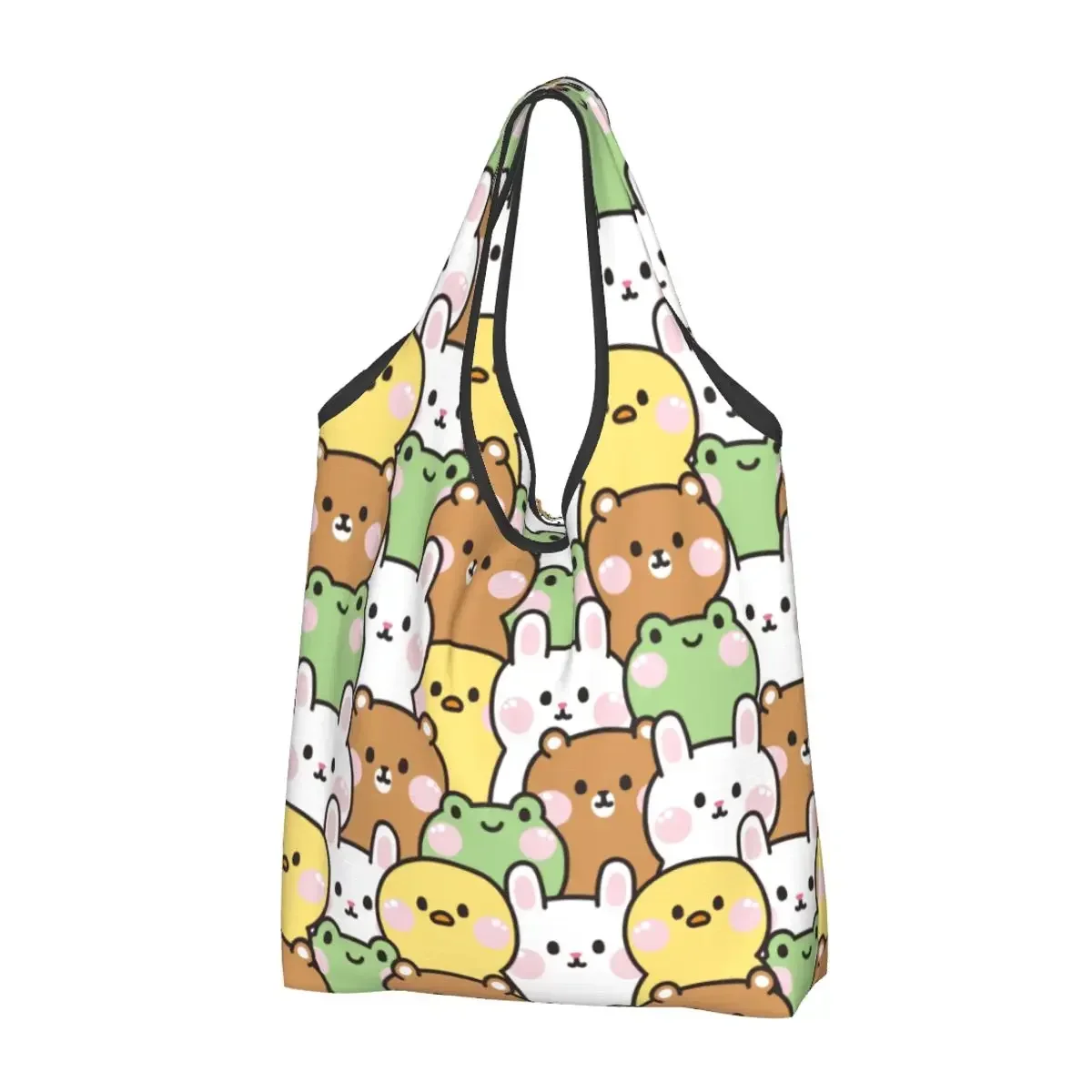 Cute Chick Rabbit Frog Bear Reusable Shopping Grocery Bags Foldable 50LB Weight Capacity Tote Bag with Pouch Eco-Friendly