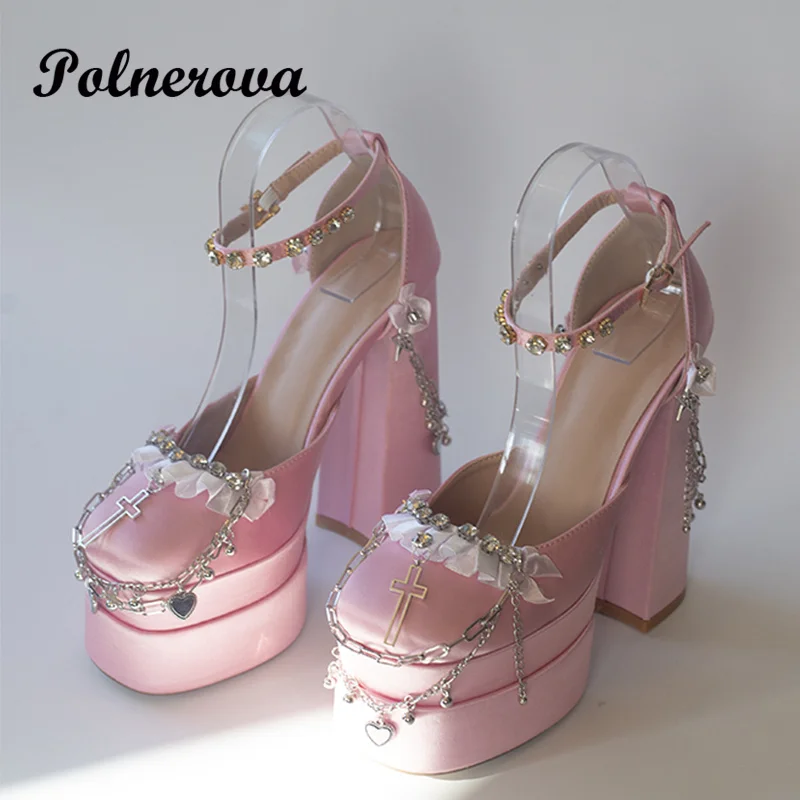 Rose Red Platform Sandals Summer Ladies Lolita Style Chain Decorated Gothic Platform Black Pink High Heels Summer and Autumn