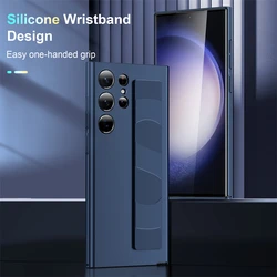 Luxury Silicone Elastic Wrist Strap Shockproof Case For Samsung S25 Edge S24 S23 Ultra Plus Matte Clear Thin Hard PC Back Cover