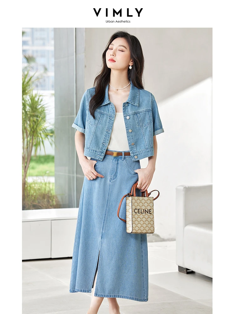 VIMLY Women\'s Washed Vintage Casual Denim Skirt Set Summer Short Cardigan Lapel Jacket + Slit A-Line Skirt Workwear 2pcs Set