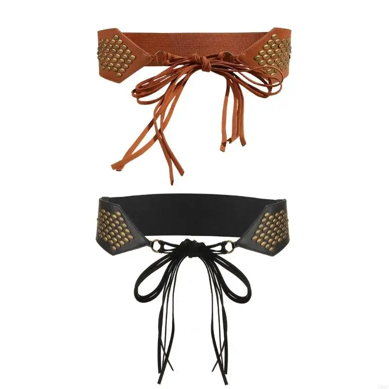 

39BC Adjustable Elastic Waist Belt For Women PU Leather Corset Band With Fringed Laceup Tied Design for Party and Daily Wear