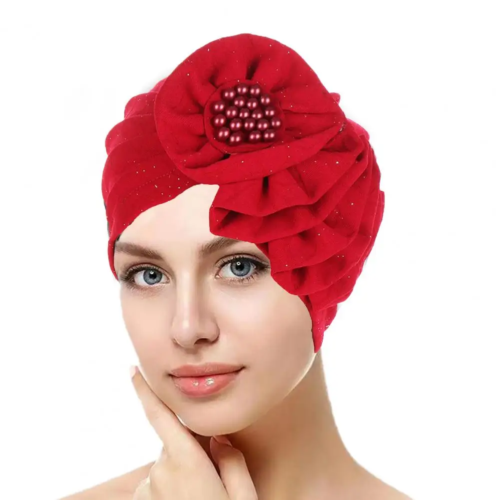 Faux Pearl Decor Cap Soft Breathable Ladies Hat with Flower Faux Pearl Decor Multi Layers Solid Color Cap Bandana Beanie Women