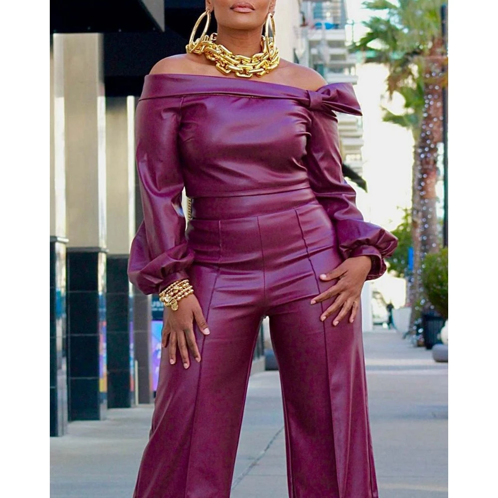 Autumn Women Fashion Pu Leather Off Shoulder Lantern Sleeve Top & High Waist Wide Leg Pants Set Femme Casual Two Pieces Set