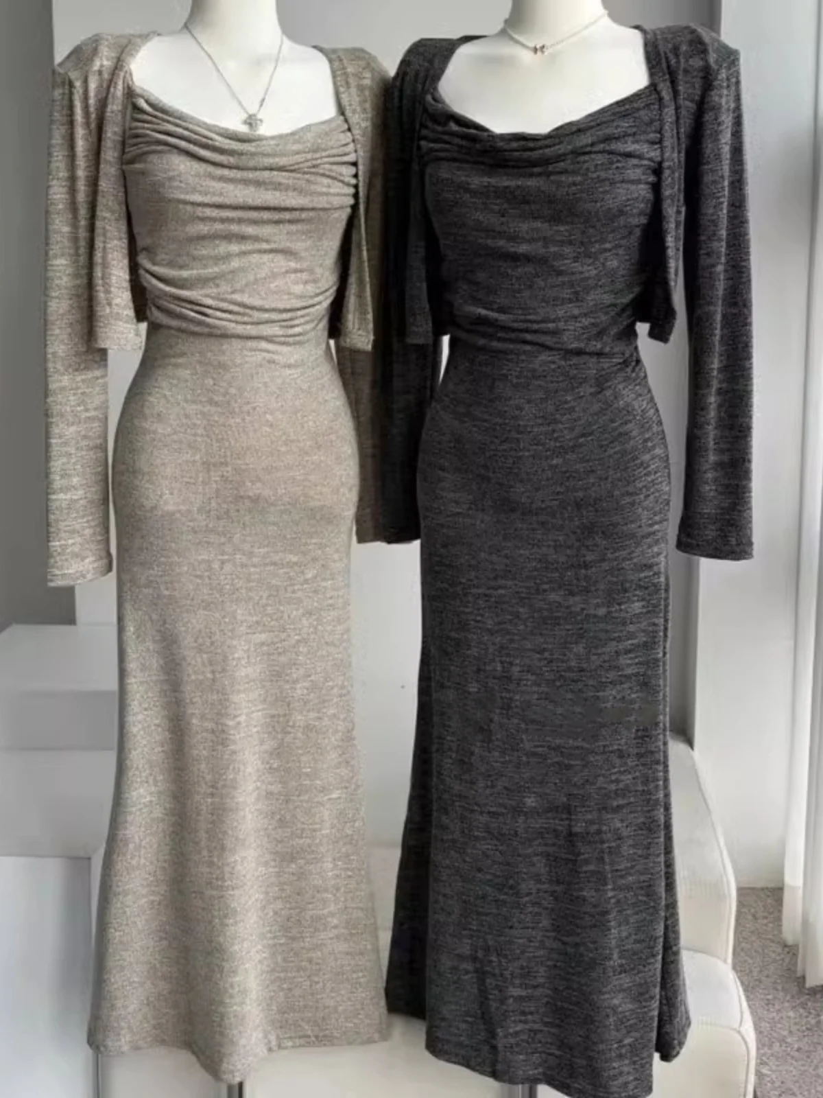 Sexy longo cardigan conjunto de duas peças feminino cintura alta commute coreano poliéster algodão mistura