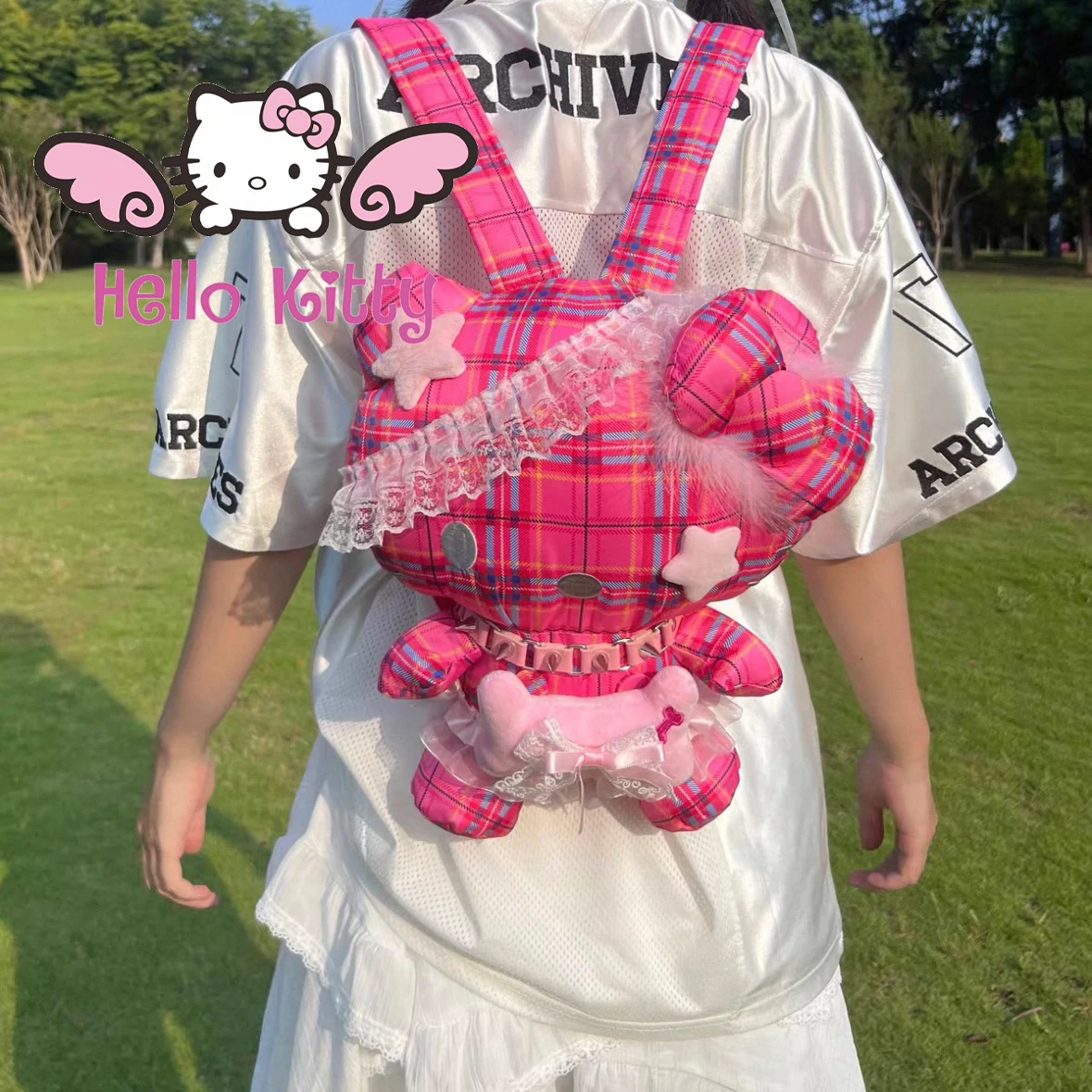 

Miniso kawaii Hello Kitty Lace Pink Grid Backpack high quality Y2k Style hottie Cute Loli Bright Color Bag Girl's holiday gift