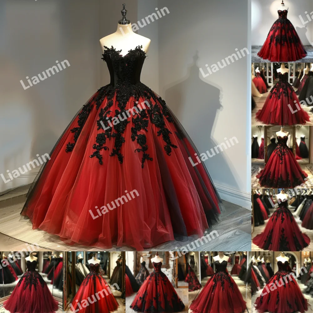 Custom Red Tulle Black Lace Applique Strapless Ball Gown Floor Length Prom Formal Dresses Evening Lace Up Back Clothing A3-4.7