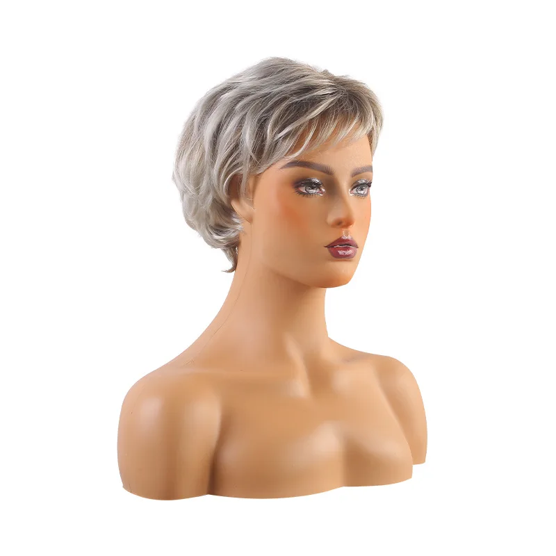 Parrucca naturale per capelli corti di colore misto grigio-marrone moda donna Parrucca a testa piena con frangia soffice Parrucca di vendita calda