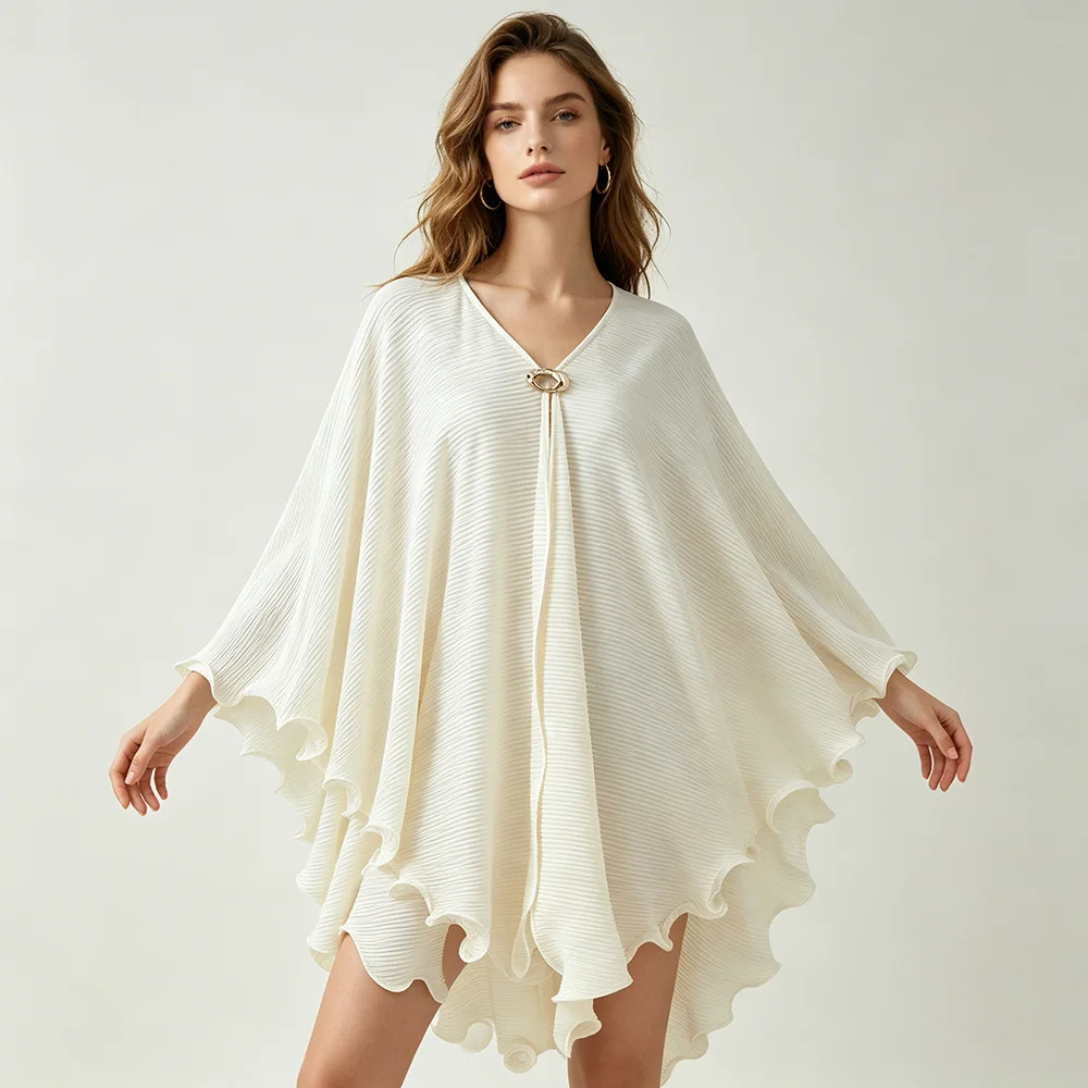 Women's Cream Pleated V‑Neck Cape Top Metal Buckle Batwing Sleeve Ruffled Hem Blouse Summer Elegant Oversized for Beach Cover‑Up