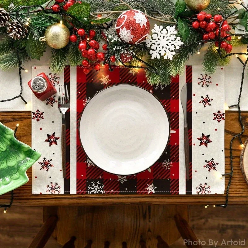 1PCS Buffalo Plaid Snowflake Winter Placemats,Linen Christmas Table Mats for Party Catering Kitchen Decoration