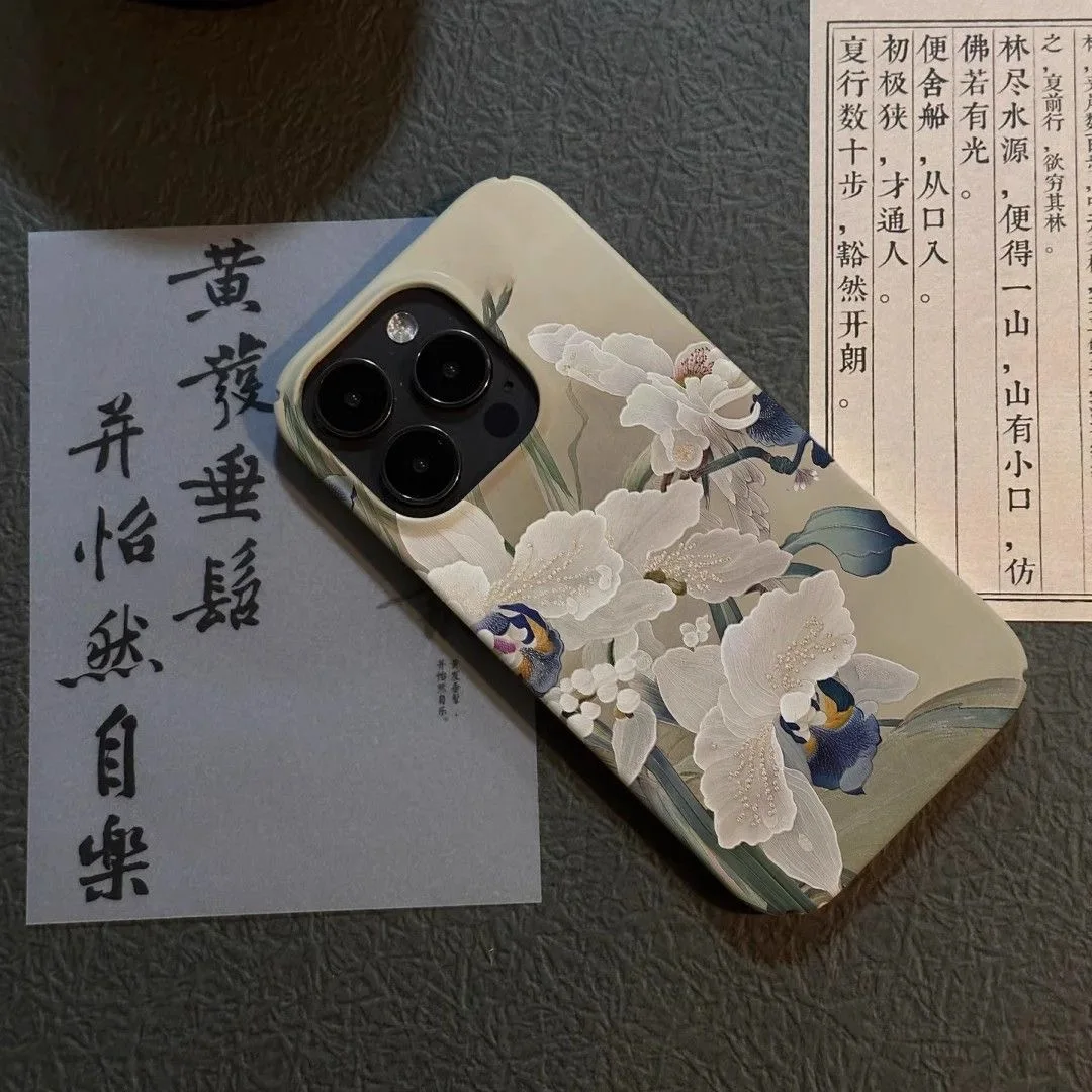 أنيقة التقليدية الصينية اللوحة رائعة زهرة بيضاء جراب هاتف آيفون 16 15 14 11 12 13 برو ماكس زائد الغطاء الخلفي
