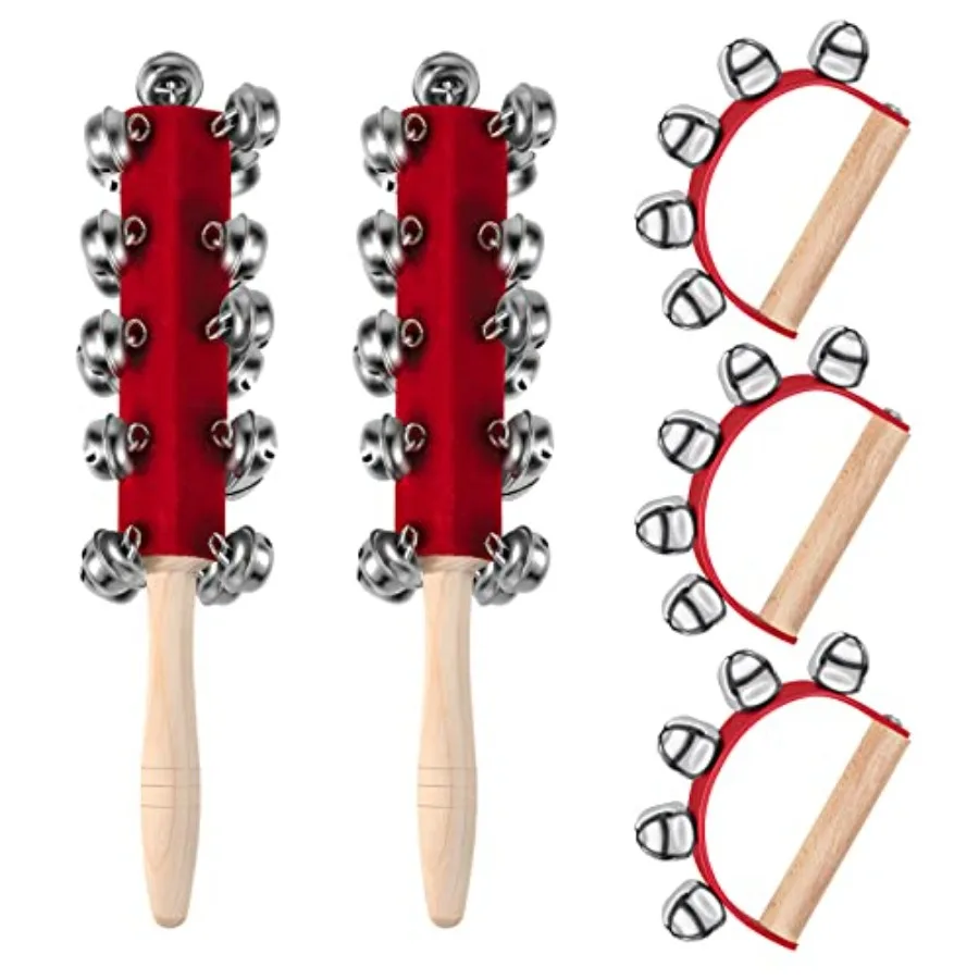Boao 5 قطعة أجراس جلجل اليد لعيد الميلاد للبالغين مقبض خشبي أحمر شاكر مزلقة أجراس اليد الآلات الموسيقية لعيد الميلاد B