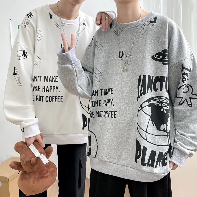 

2022 Spring and Autumn Men's Long Sleeve Pullover Round Neck Sweater Loose Casual Street Trend Couple Print Top Clothes