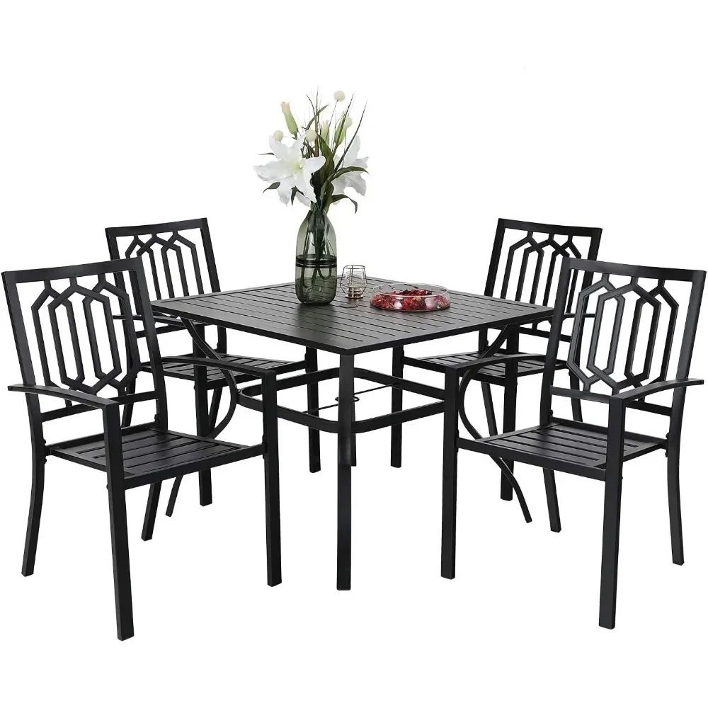 Outdoor Dining Table Chair Set, 4 Backyard Garden Chairs, Table with 1.57\