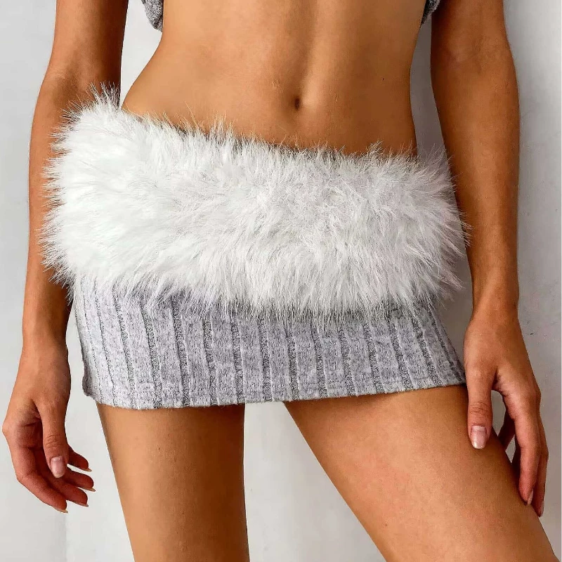 

Winter Retro One-Piece Dress with Fur-Trimmed Tie-Waist Belt Faux Fur Waist Belt Hot Girl Mini Skirt Accessories Trendy Belt