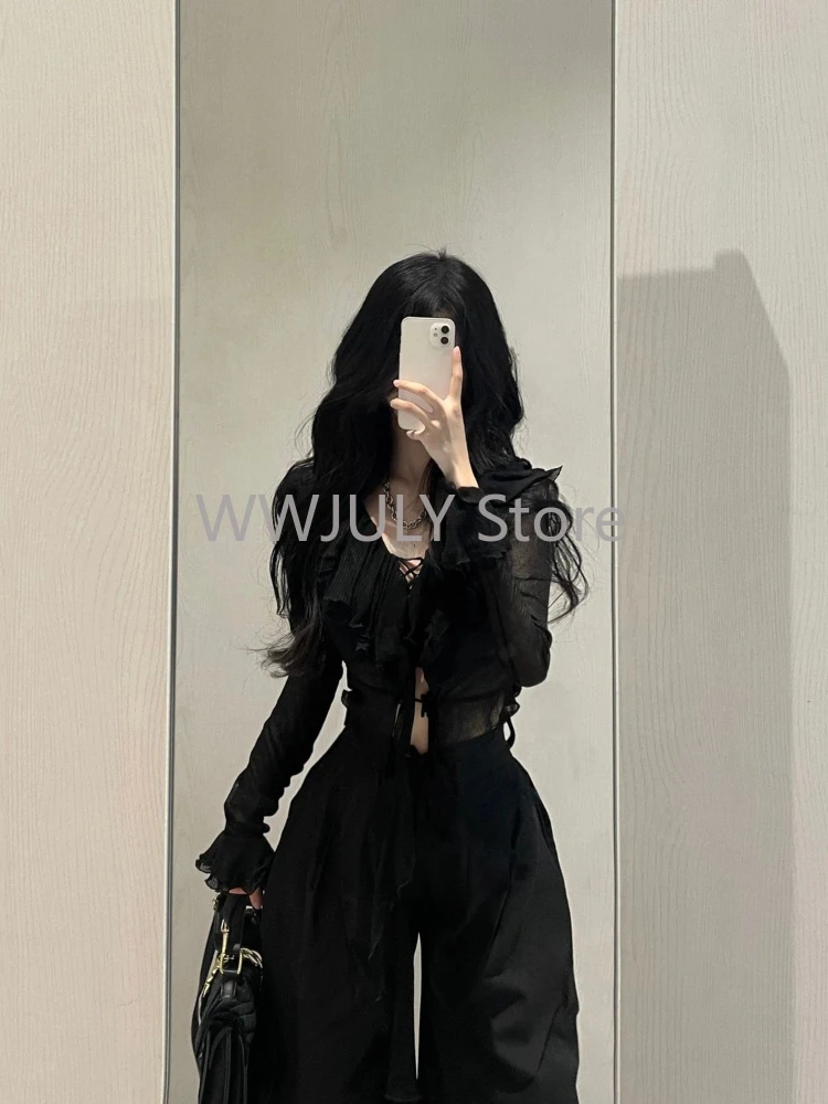 Fashion V-neck Ruffles Black Long Sleeve Cardigan Mujer+ Y2k High Waist Loose Wide Leg Pants woman 2024 New Two Piece Sets