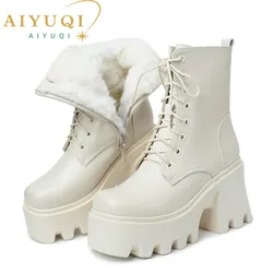 AIYUQI Women Ankle Boots Platform High Heel 2024 Genuine Leather Wool Warm Winter Boots Women Lace-up Fashion Biker Boots Women