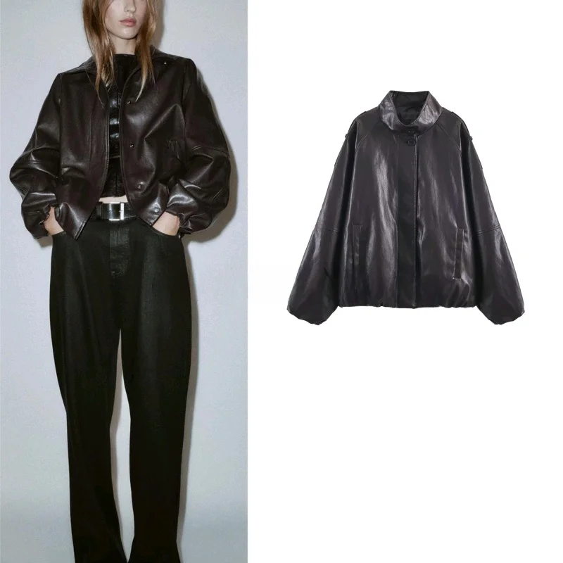 ファッショナブルなルーズスタンドカラーロングスリーブPUレザージャケット レディースアウター 秋冬新作 スタイリッシュなポリエステル繊維素材...