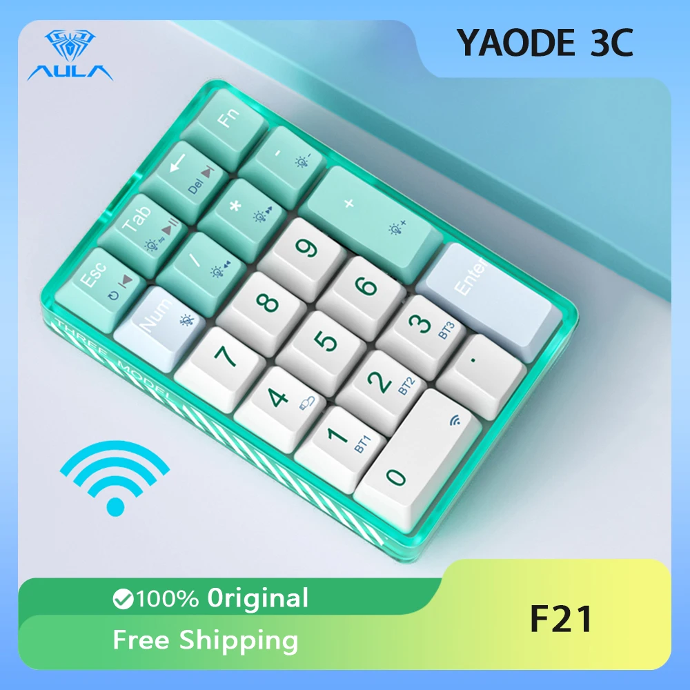 AULA F21 Numeric Keypad Bluetooth Wireless 3 Mode 21Keys RGB Backlight Mechanical Keyboard Transparent Numeric Gaming Number Pad