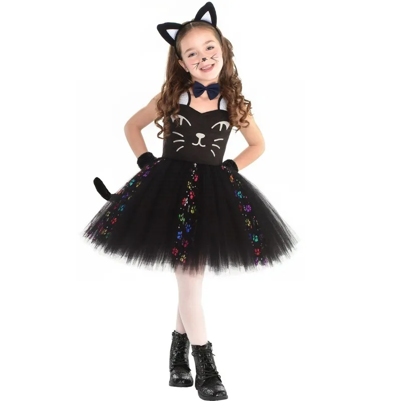 Niedliches rosa-schwarzes Katzenkleid für Kinder, Cosplay-Tutu-Rock, Tanzkostüm, Ohren, Schleife, Schwanz, Mädchen-Performance-Outfit, Geburtstagsparty-Outfit, Geschenk – Detail 9