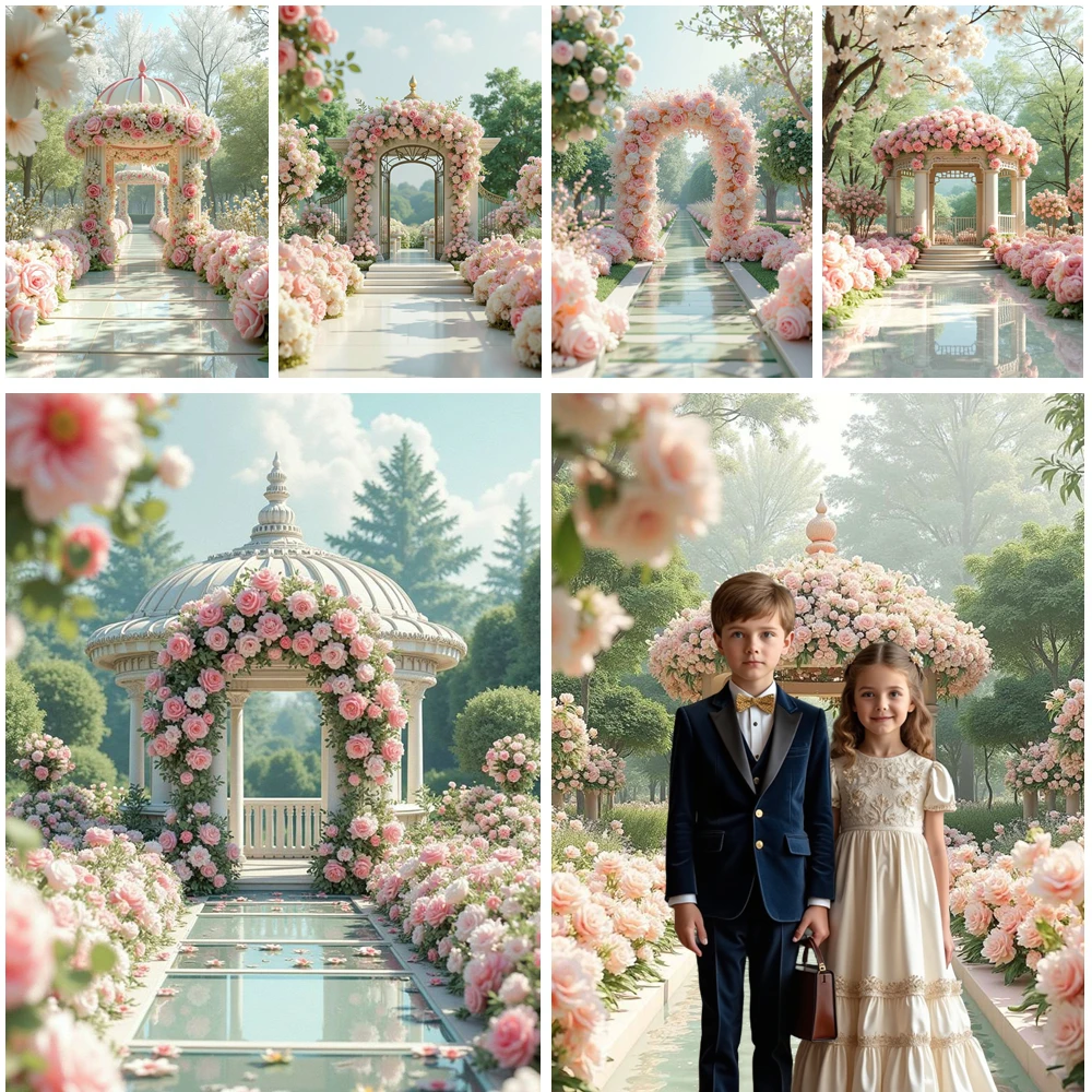 

MOON.QG Floral Arch Spring Photo Background Pavilions Path Backdrops For Photography Wedding Wallpaper Wall Decoration Portrait