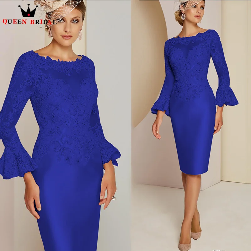 Gorgeous Blue Long Sleeve Mother of the Bride Dresses Lace Applique Beads Knee-Length vestido para madre de la novia Custom DT53