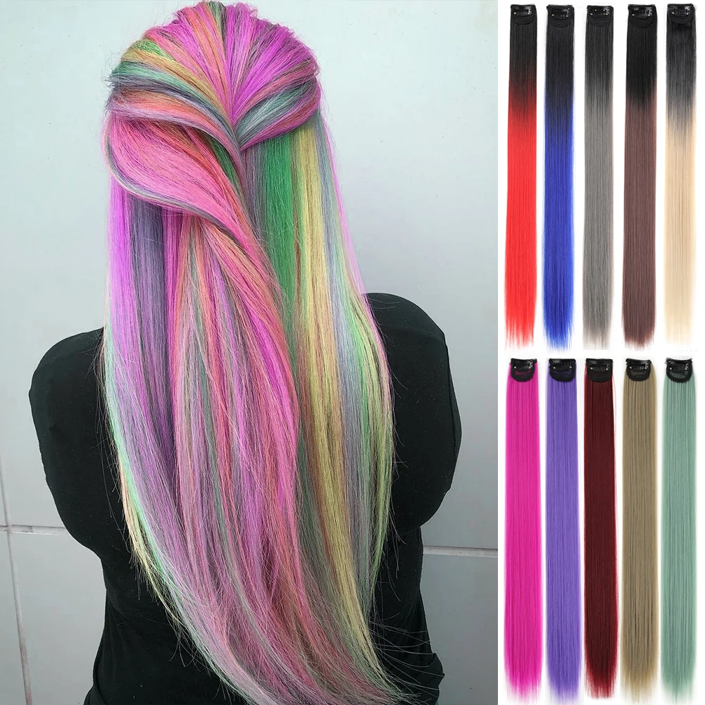 Colored Clip in Hair Extensions Synthetic Rainbow Hairpiece 24 Inch Long Straight Colorful Hair Pieces With Net for Women Girls