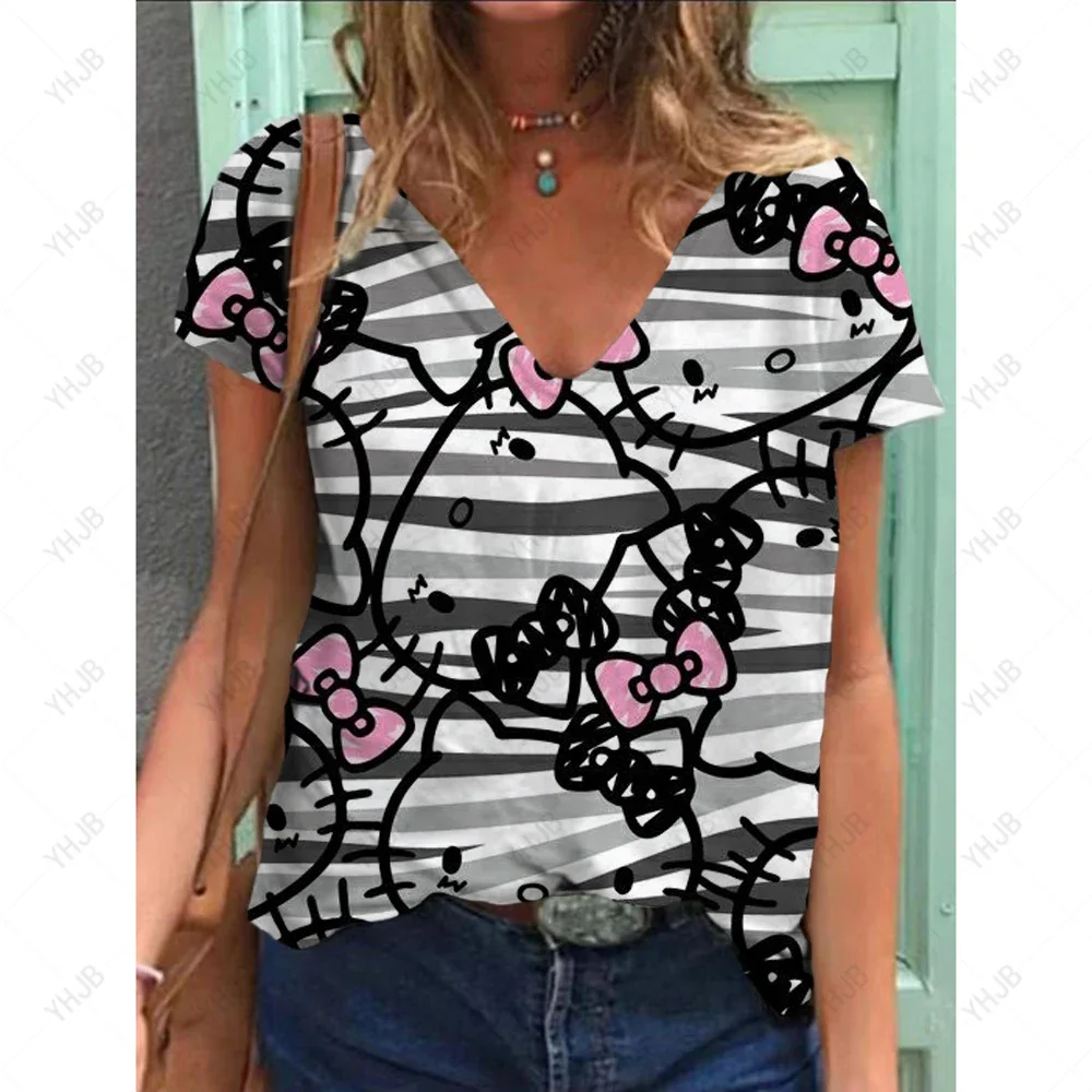 

Модные женские футболки 2025 года, аниме Hello Kitty, футболка с v-образным вырезом и короткими рукавами с 3D принтом, удобная женская модная одежда Y2k