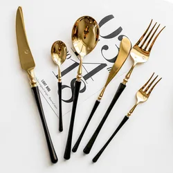 304 Golden Stainless Steel Flatware Kitchen Western Cutlery Set Steak Coffee Dessert Tableware black handle Knife and Fork