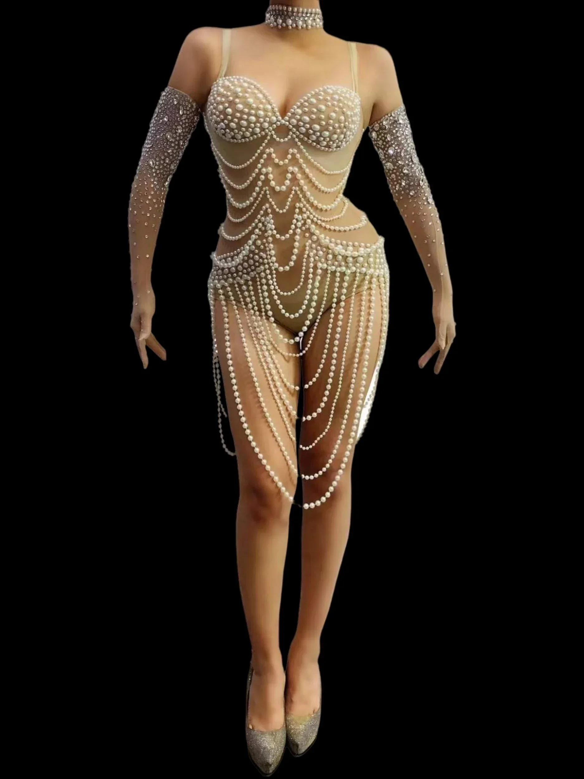 Met strass handschoenen sprankelende kralen parels bodysuits voor vrouwen sexy club feestavond verjaardag koningin turnpakje zanger optocht