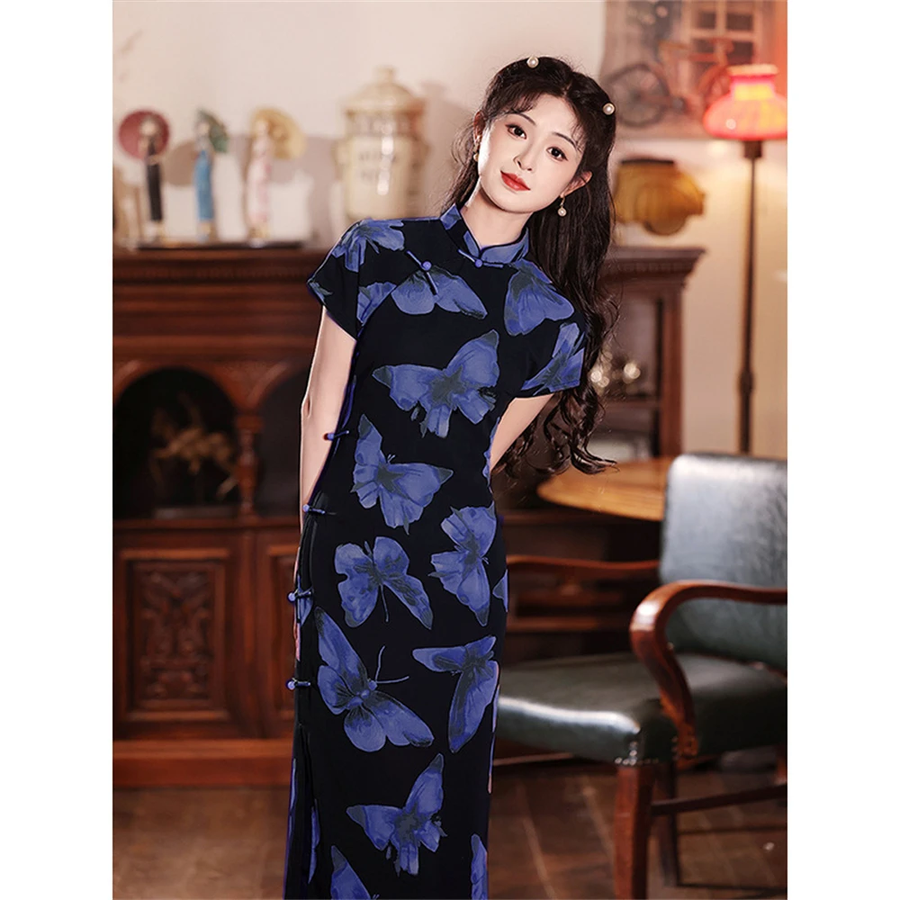 

Cheongsam Butterfly Pattern Daily Young Girl New Chinese Improved Qipao Summer Women's Traditional Vintage Dress Oriental Gown
