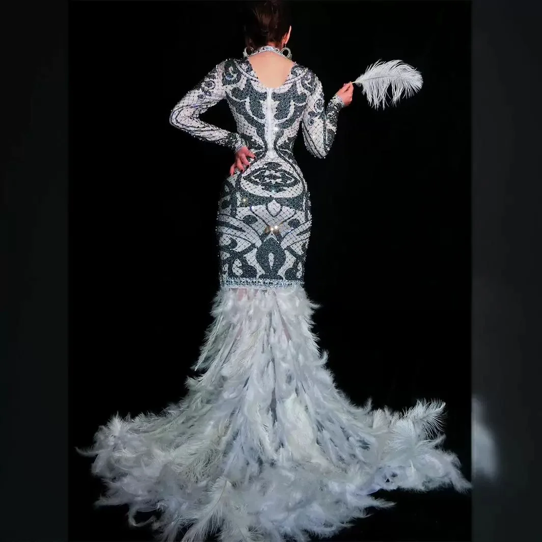 

Party Dress High Neck Bright Diamond Waist Tight Long Sleeve Feather Dress Stage Performance Dress