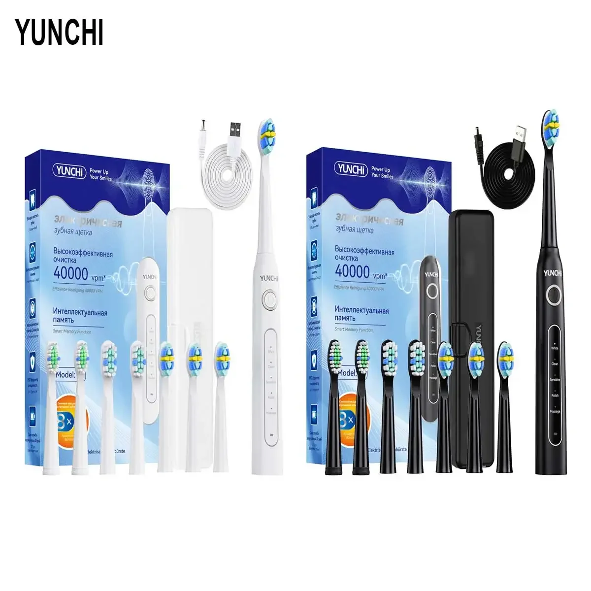 

Yunchi Sonic Electric Toothbrush Y5 USB Rechargeable 5 Modes 2 Mins Timer Tooth Brush with Replaceable 8pcs Brush Heads Set