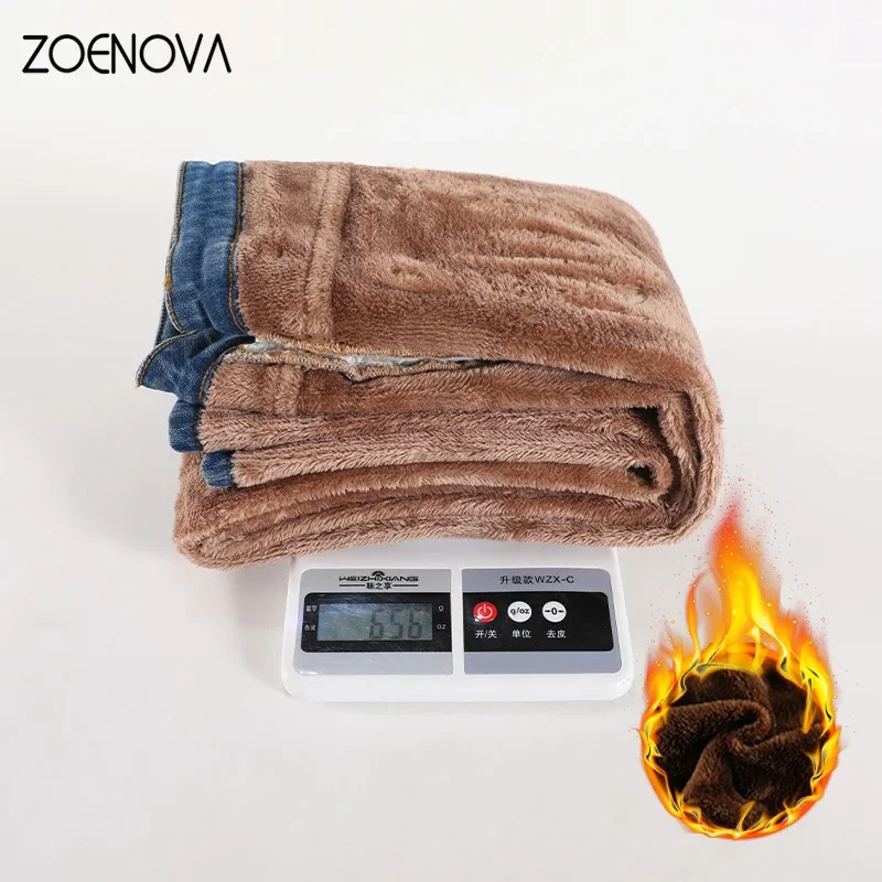 ZOENOVA 2022 Women's Bottoms Fleece Warm Jeans Stretch Classic Denim Trousers 2022 Winter Pants Trend High Street Style Female