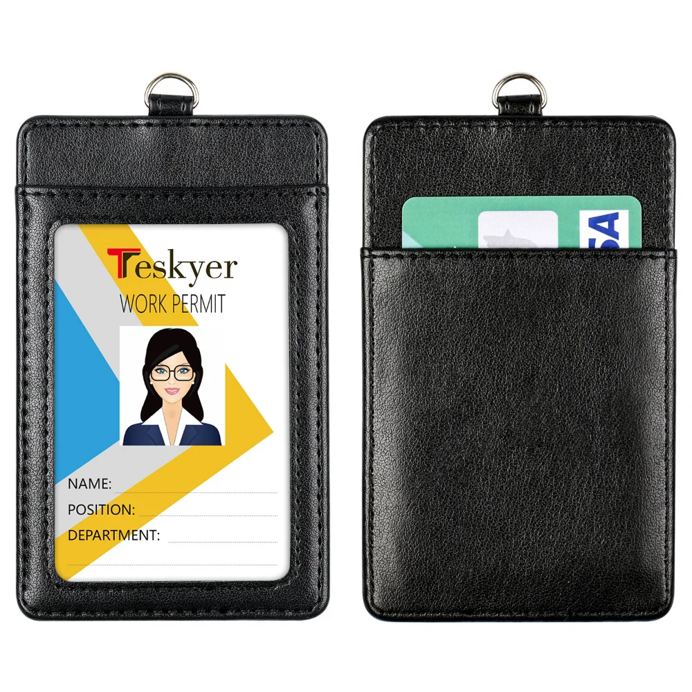 Front Back Double Pocket Slot ID Tag Working Permit Case PU Leather Employee's Pass Card Cover Case Name Badge Holder Wallet