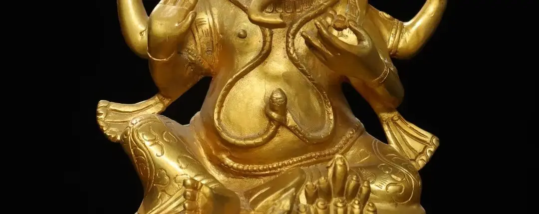 Old China Collections  Bronze Gilded Cinnabar High Relief Elephant Head Buddha Ganesha Sitting Buddha Worship Hall