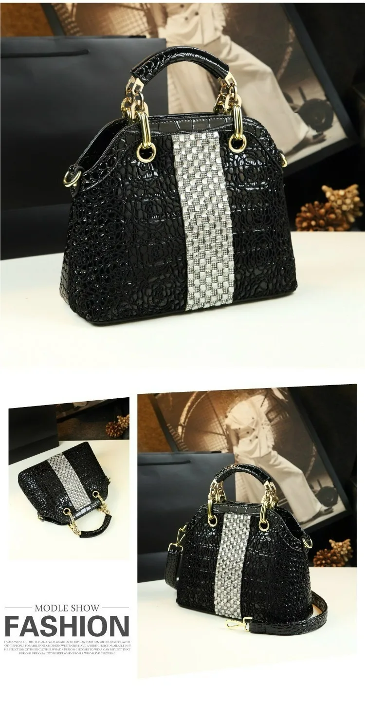 2026 Neue Elegante Handtasche mit Krokodilmuster aus Lackleder mit Spitzen- und Diamantenbesatz als Schulter- und Umhängetasche – Detail 7