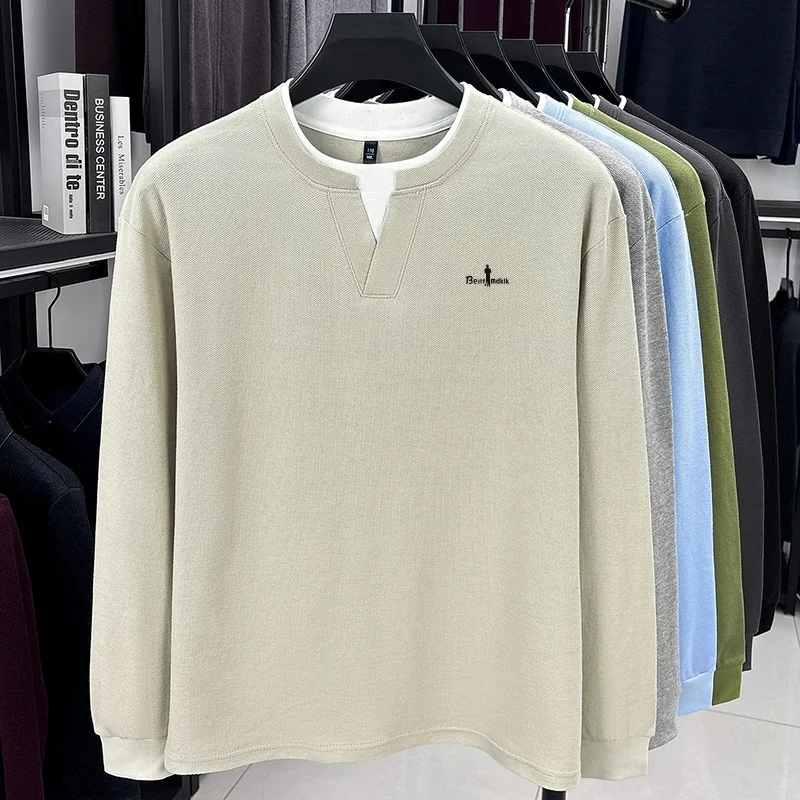 Fashion Trend 100% Cotton Men's Fake Two-Piece T-Shirt Spring Autumn Comfortable Long Sleeved Pullover Tops Business Men's Wear view 6