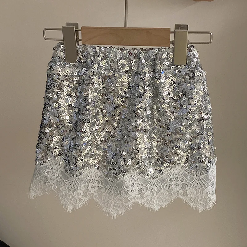 Girls\' bow knit vest Korean version of children\'s wear 2024 summer new temperament lace splicing sequin short skirt tide