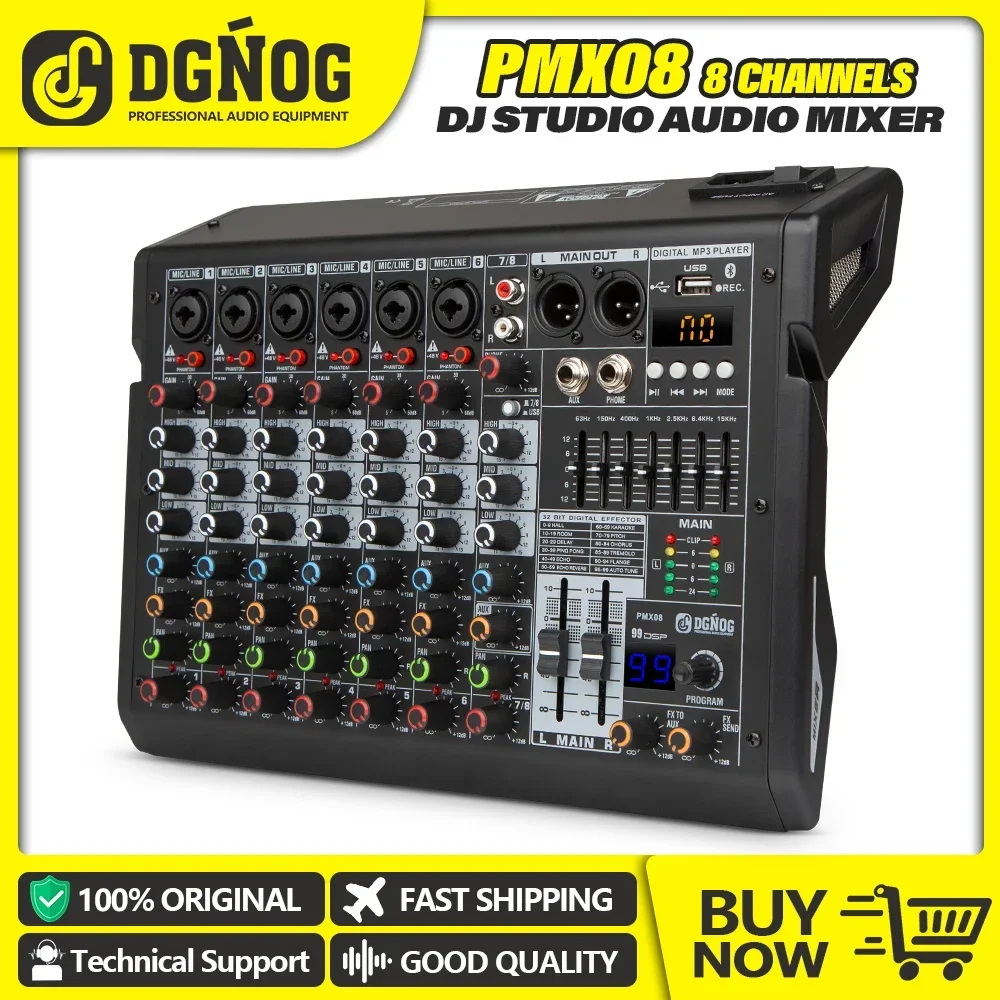 

DGNOG PMX08 8 Channel DJ Audio Mixer Interface Mixer Desktop Karaoke USB Bluetooth Input with MP3 Input Podcast PC Recording