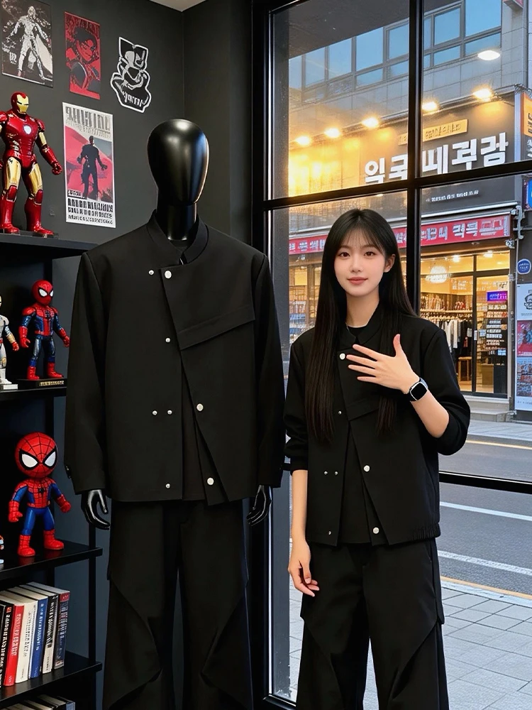 Black Casual Chinese Style Men's Suit Jacket Shoulder Length Slanting Design No Collar Advanced Design Spring Autumn