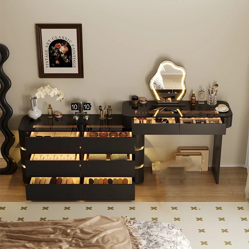 

Black Nordic Modern Vanity Tables Large Bedroom Led Luxury Seating Vanity Tables Unique Compact Schmink Tisch Storage Furniture