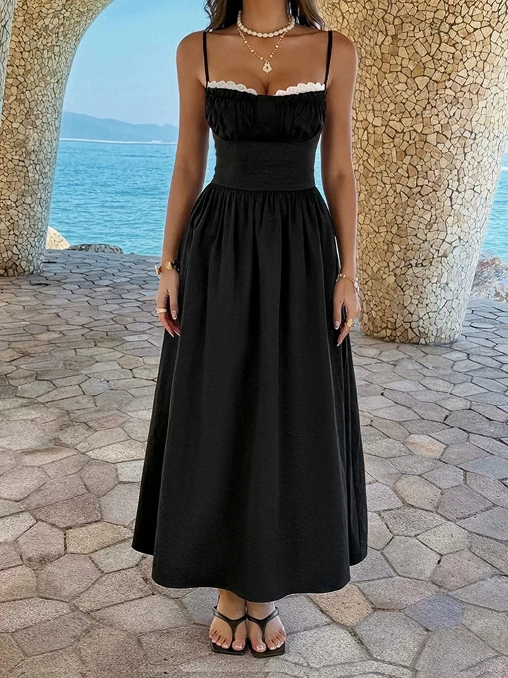 

Summer Beach Vacation Swing Maxi Dress Sexy Sleeveless Backless Pure Color Dress Fashion U Collar Lace Floral Pleated Dress