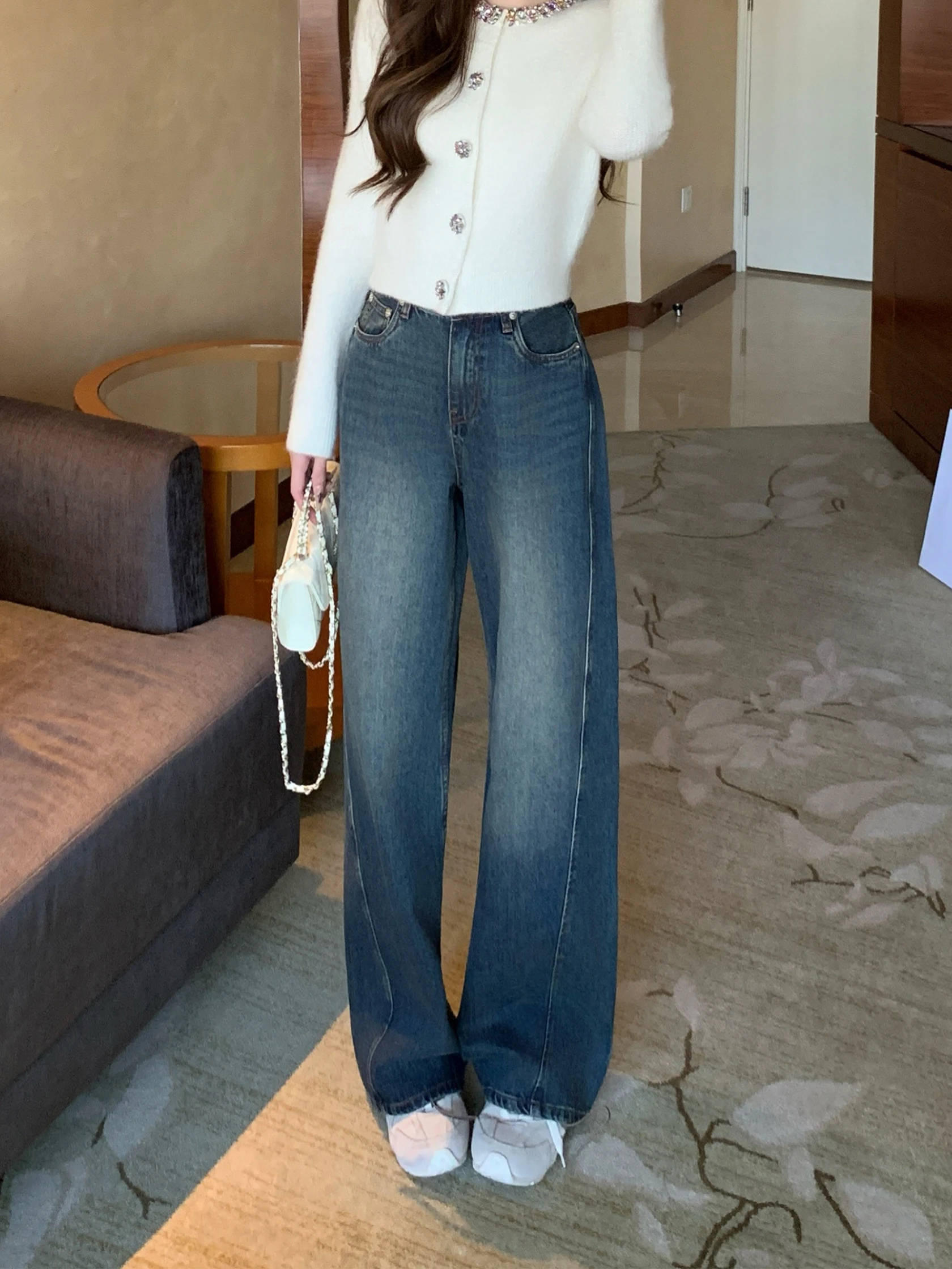 

Blue Casual High Waist Slimming Long Jeans ORGIRIS Cotton Straight Leg Non-Stretch Denim Pants for Women Winter Season