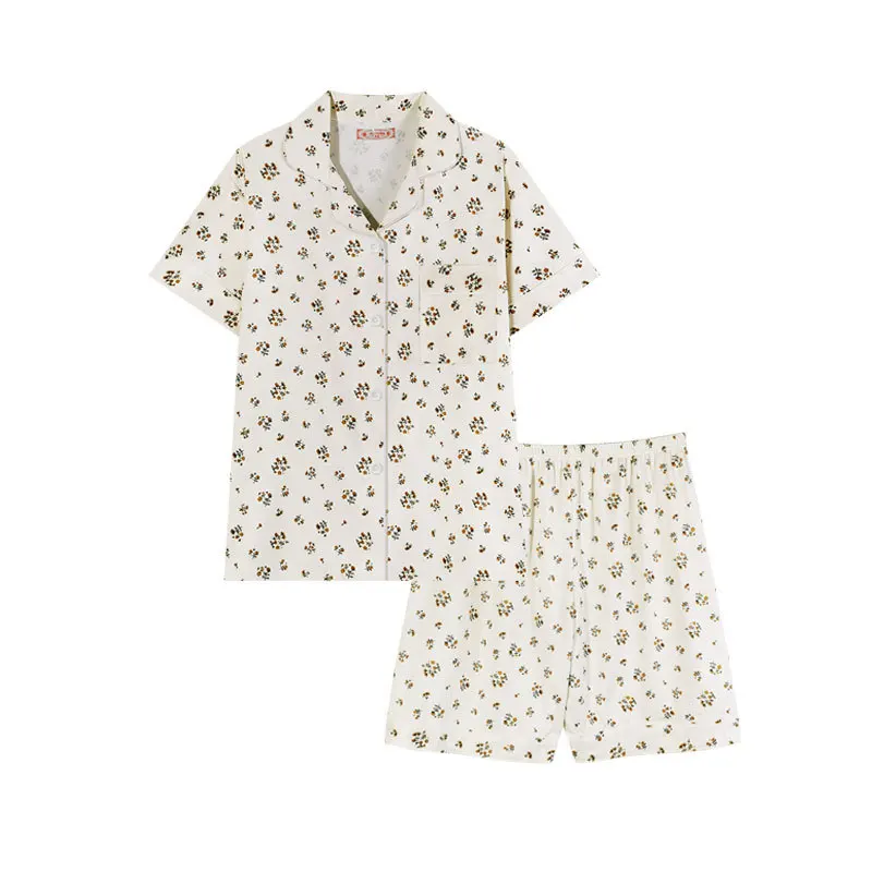 Women's Summer Suit with Shorts Cotton  Beach Two Piece Set Women Vintage Classic Suit Shirt and Shorts for Women Light