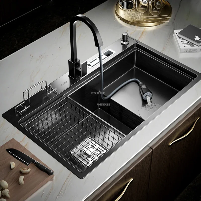 Creative Black Nano Kitchen Sinks Light Luxury Household Kitchen Accessories Stepped Washbasin Stainless Steel Bar Single Slot T