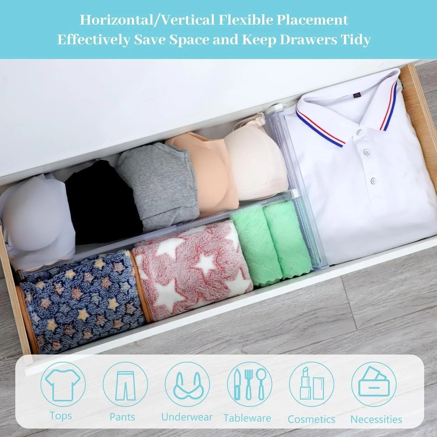 Drawer Dividers for Clothes,  Adjustable Expandable Dresser Drawer Organizer, Clear Plastic Separators for Dresser, Clothing