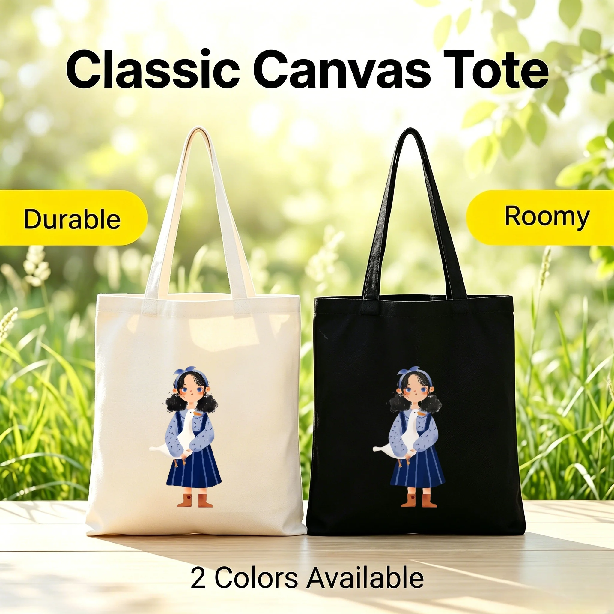 1PC Watercolor Twin Bun Girl Goose Graphic Canvas Tote Large Capacity Lightweight Student Shopping Bag