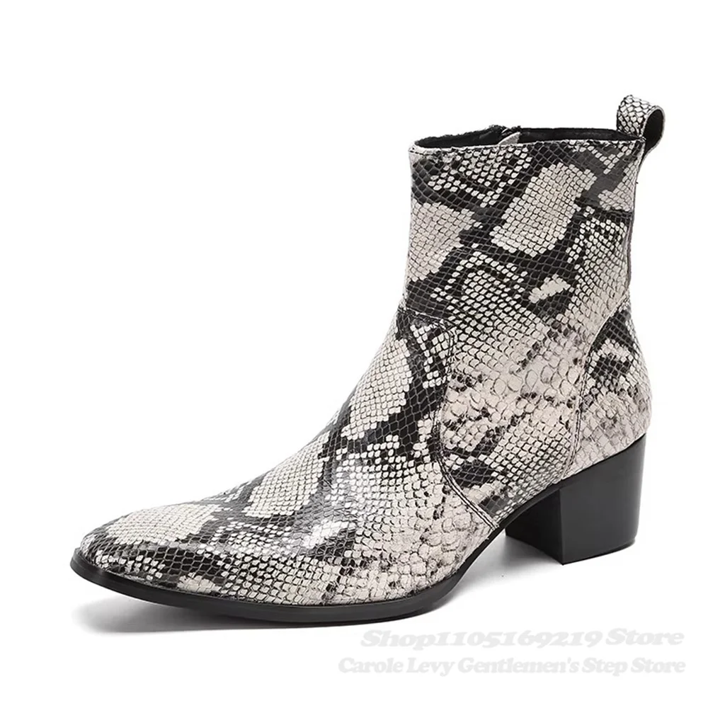 7cm High-Heeled Pointed Toe Men Short Boot Snake Pattern Trendy Chunky Heel Side Zipper Handmade New Chelsea Booties
