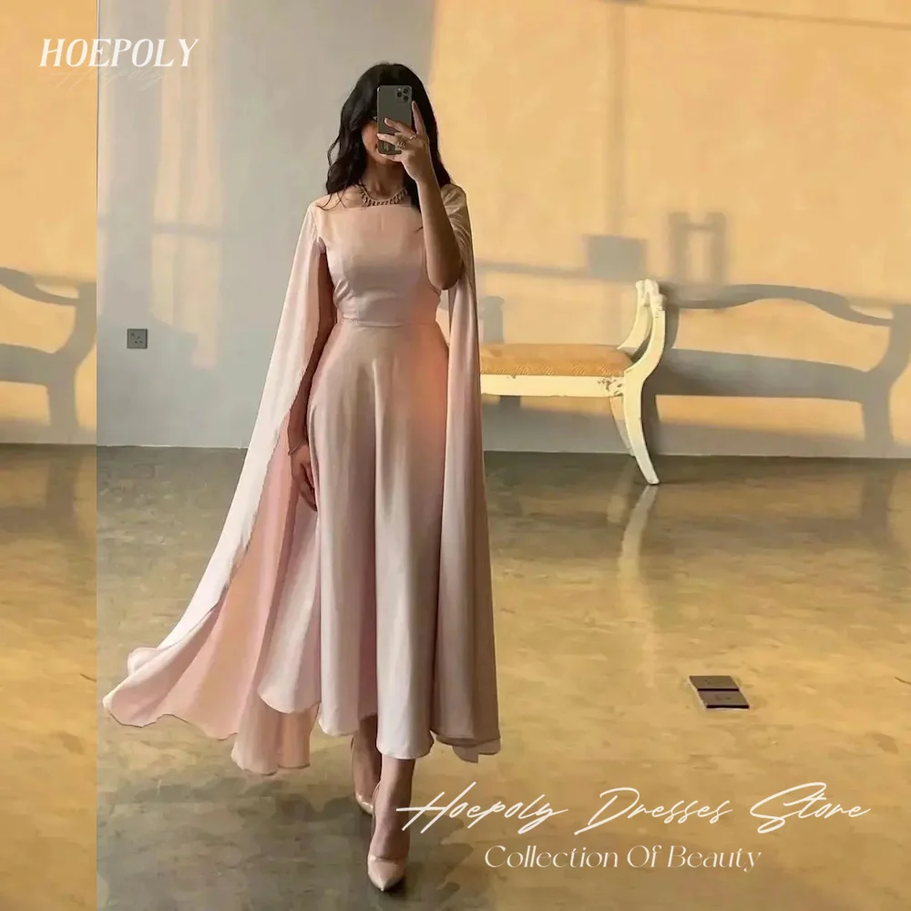 

Hoepoly Satin A-line O-Neck Ruffle Arab Prom Gown Ankle-length Saudi Elegant Formal Evening Party Dress for Women 2023